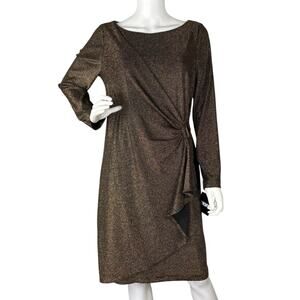 NWT Dkny Women's Sheath Dress Faux Wrap Sparkle Shimmer Glam Gold Size 12
